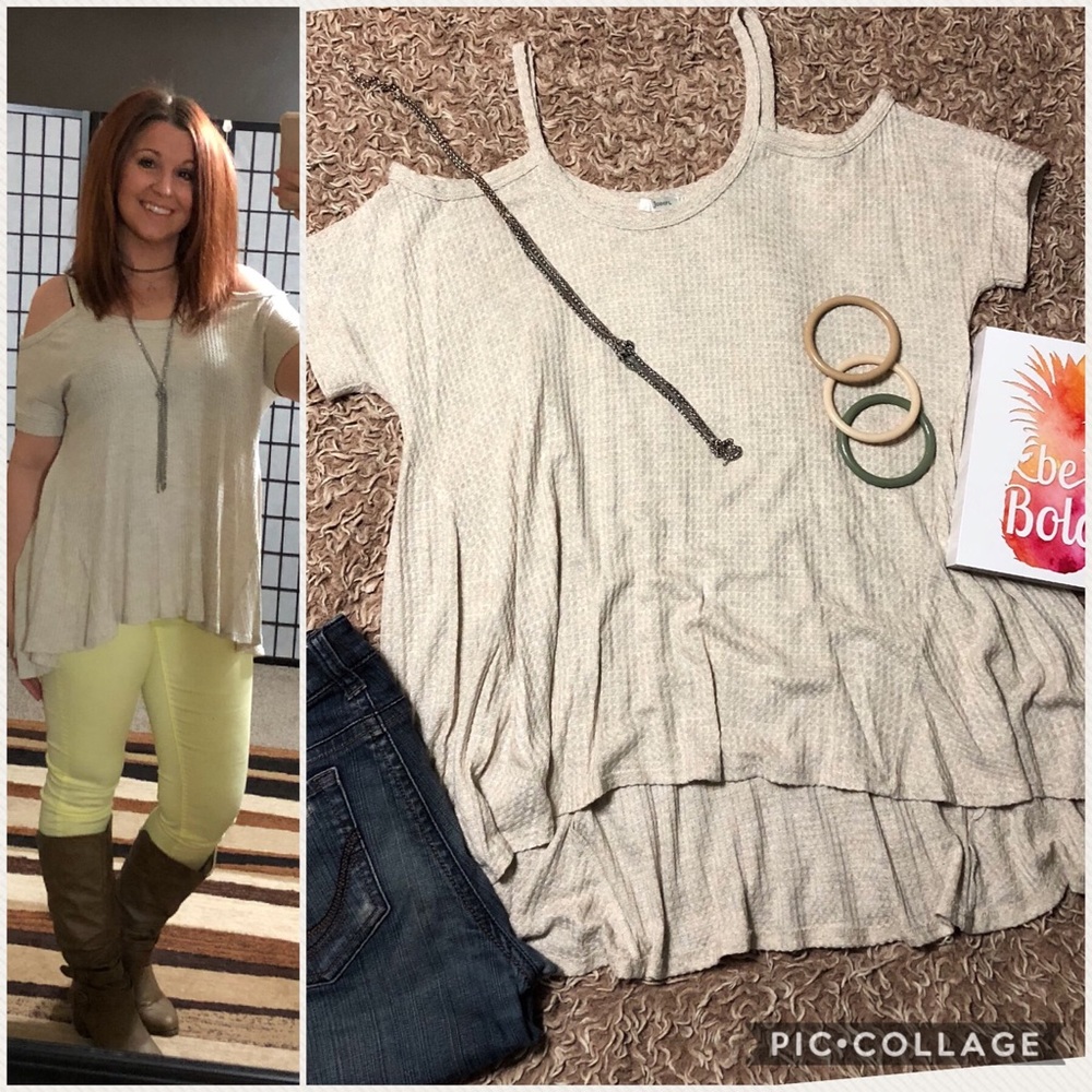 Tan cold shoulder shirt